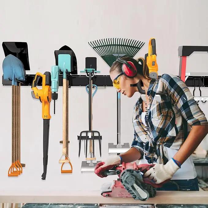 Garage Tool Storage Rack, Heavy Duty Garage Storage Organizer Rack System Wall Mounted Tool with 6 double hooks, 2 rails, Garden Yard Tools Hanger Rack for Ski Gears, Broom, Rake,Shovel by GreenHaven Gardens