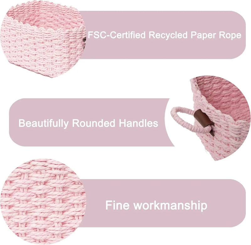 Small baskets for Organizing,Cute woven Storage basket with recycled paper rope for Shelves Bathroom,Little decorative basket,Set of 3 (Pink) by GreenHaven Gardens