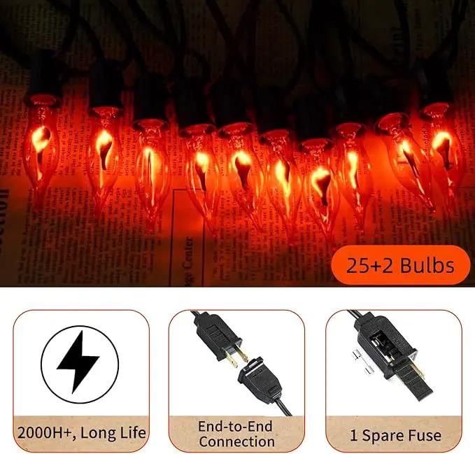 27.8Ft Halloween Decorations Flickering Flame String Lights with 27 Pack Orange Clear Flame Light Bulbs (4 Spare E12 Bulbs), Orange Christmas Lights Outdoor for Home Party Christmas Halloween Decor by GreenHaven Gardens