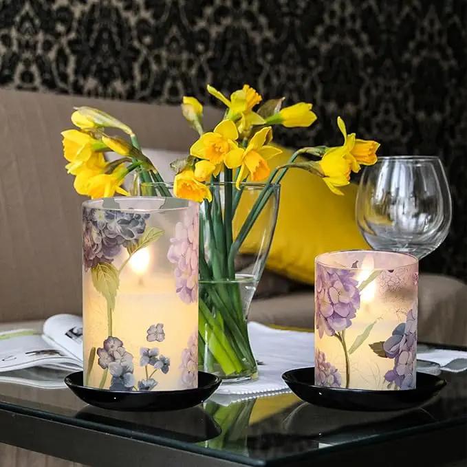 Hydrangea Flameless Candles Flickering, Spring LED Battery Operated Candles with Remote Timer, Glass and Real Wax Pillar Candles for Garden Home Decor(Set of 3, D3 xH4 5" 6") by GreenHaven Gardens