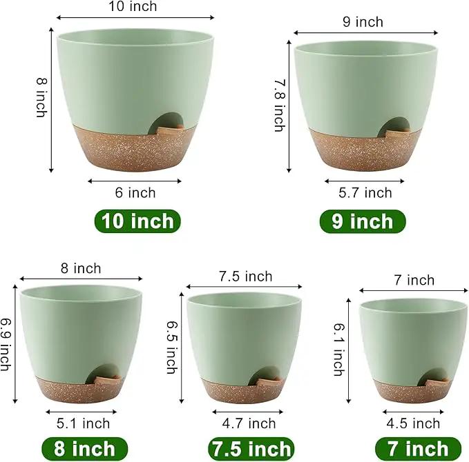 Plant Pots 10/9/8/7.5/7 Inch Self Watering Pots, Set of 5 Plastic Planters with Drainage Holes and Saucers,Plastic Flower Pots,Nursery Planting Pot for Indoor Out Door Plants（Green） by GreenHaven Gardens