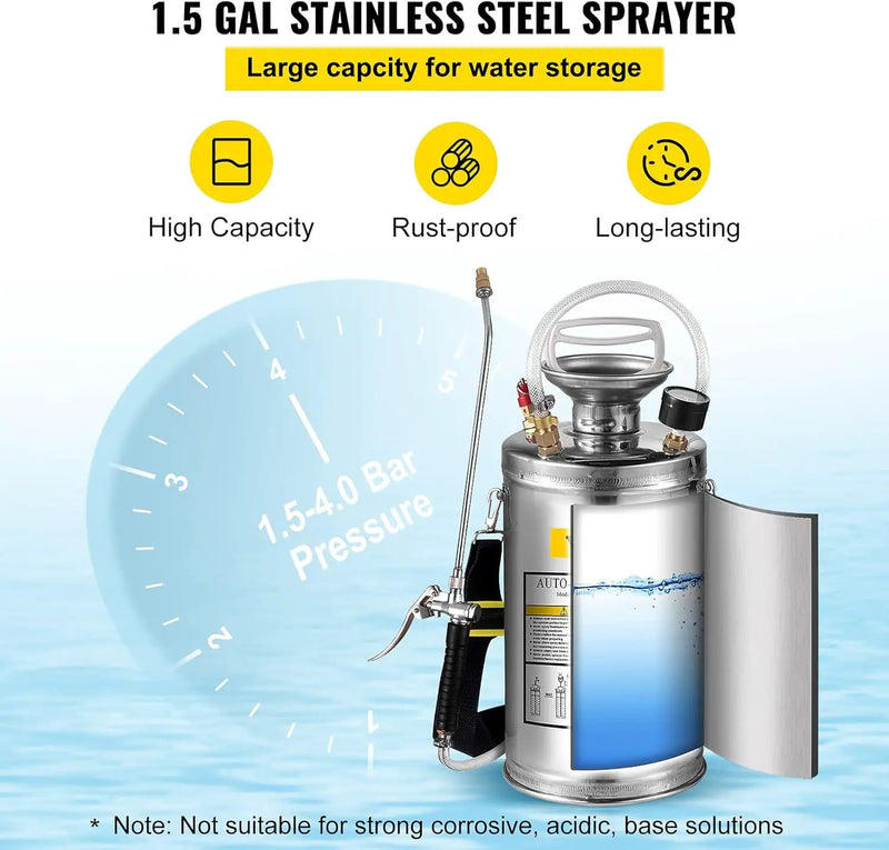 Happybuy 1.5 Gallon Stainless Steel Sprayer, 16" Wand&3.3FT Reinforced Hose, Hand Pump Sprayer with Pressure Gauge, Safety Valve&Adjustable Nozzle, Weed Sprayers for Lawn, Gardening & Sanitizing by GreenHaven Gardens
