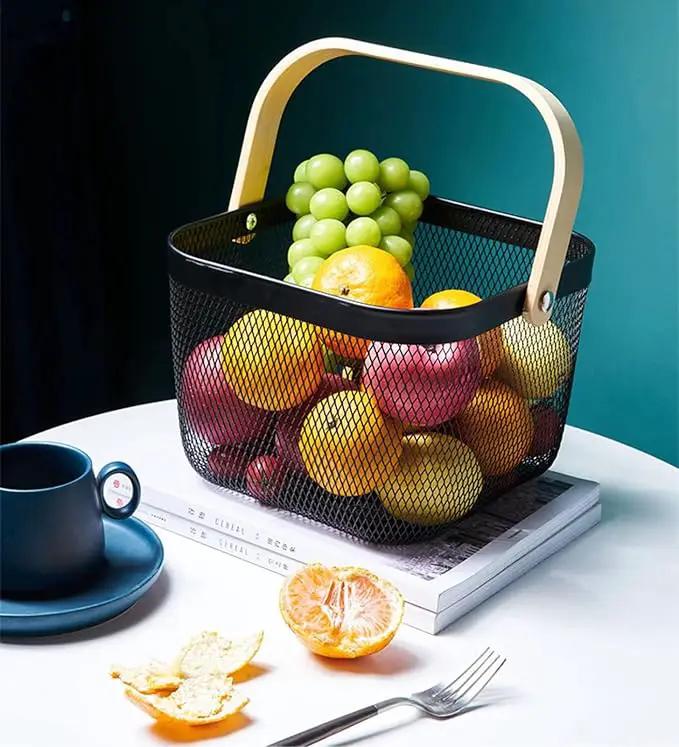 Metal Mesh Steel Basket, Storage Organizer Basket Multi-functional Hanging Kitchen Baskets Fruit Basket Bin with Bamboo Handle for Kitchen Bathroom Picnic Shopping Decor Cabinet Home, Black by GreenHaven Gardens