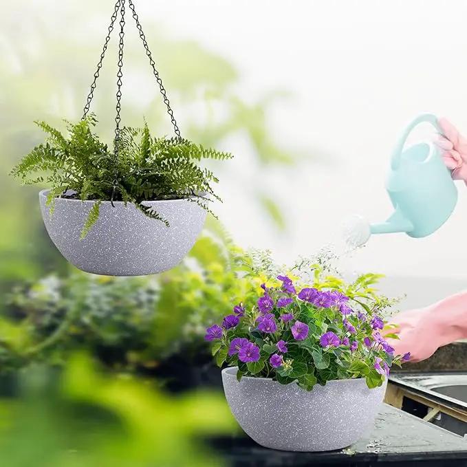 10 inch Hanging Planters for Outdoor Indoor Plants with Drainage Holes and Chain, 2 Pack Round Hanging Flower Plant Pots for Garden Home Porch Decor, Speckled Grey by GreenHaven Gardens
