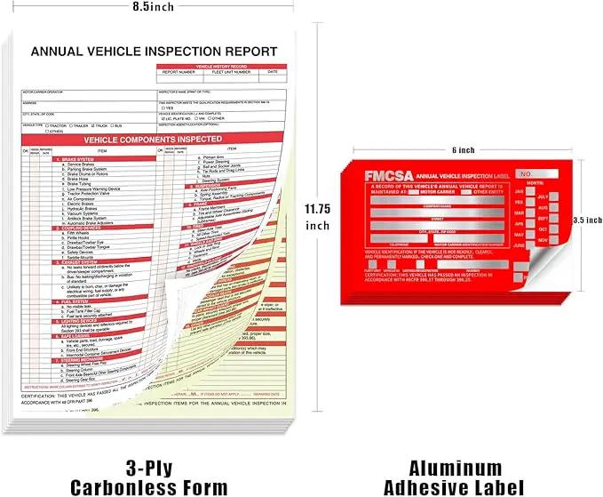 Goldenfox DOT Inspection Forms and Stickers,50-Pack,3-Ply Carbonless Annual Vehicle Inspection Report Form(8.5" x 11.75) with Red Exterior Aluminum Inspection Label(6"x3.5"), Permanent Adhesive. by GreenHaven Gardens