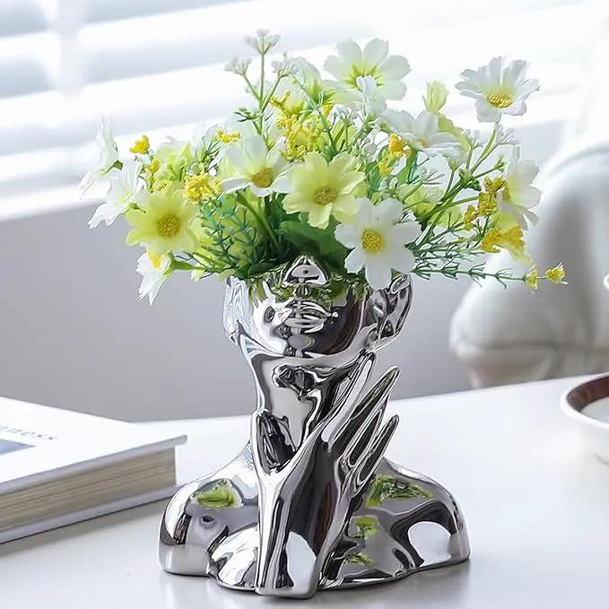 BrownLove Silver Ceramic Face Vase, Modern Silver Decorative Art Vase, Bookshelf Placed On The Desktop, Small Living Room, Office and Bedroom by GreenHaven Gardens