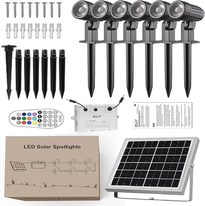 CLY Solar 6 in 1 RGB Spotlights Outdoor Garden, 10 Colors 12 Modes Solar Garden Floodlight Landscape Spotlights IP66 Waterproof 59.06ft Cable Spike Light for Lawn, Patio, Balcony by GreenHaven Gardens