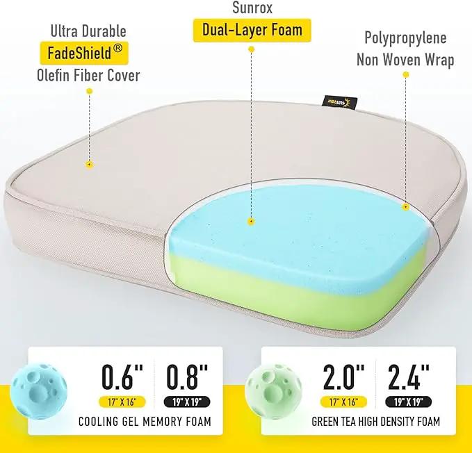 SUNROX Gel Memory Foam Chair Cushions, FadeShield Water-, Stain-Resistant Durable Reversible Seat Cushion Pads with Ties for Indoor/Outdoor Kitchen Dining Office 17"x16" Set of 2, Cream by GreenHaven Gardens