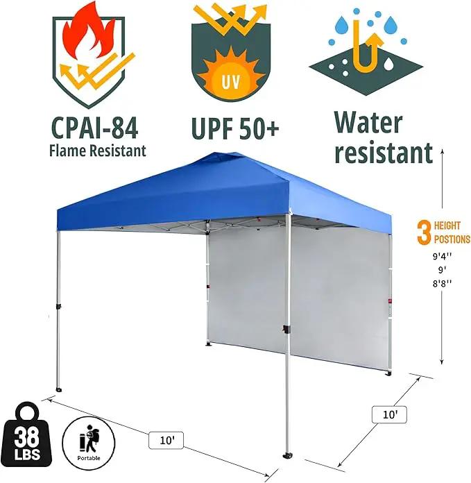 CROWN SHADES 10x10 Pop Up Canopy with 1 Side Wall - Beach Tent with One Push Setup - Outdoor Sun Shade for Events, Parties, Camping - Gazebo with STO-N-Go Cover Bag (Blue) by GreenHaven Gardens