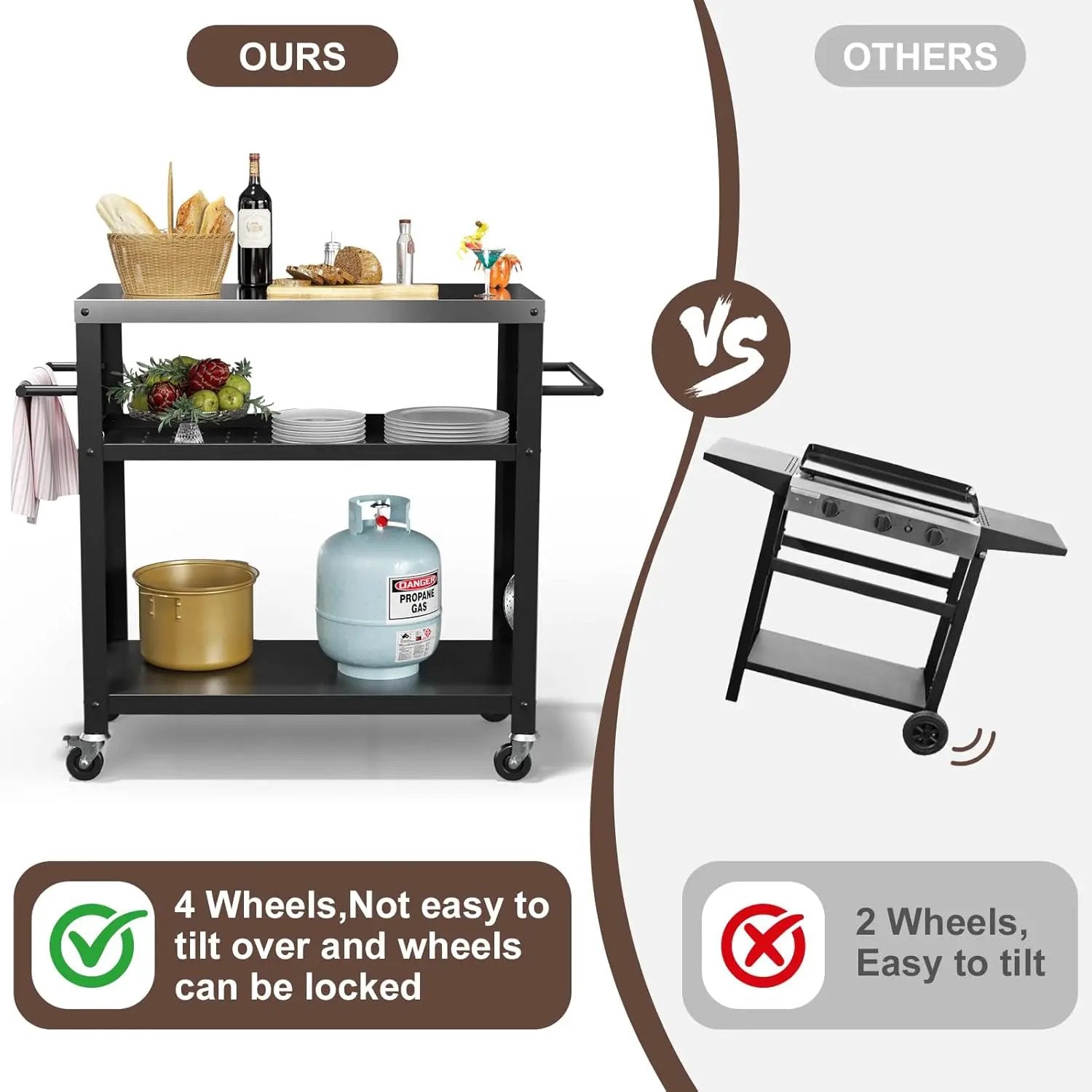 Outdoor Grill Cart with Three-Shelf, Stainless Steel Pizza Oven Table for Outside, Dining Kitchen Cart with Two Side Handle, Garden Patio BBQ Kitchen Food Prep Table Cart (Black) by GreenHaven Gardens