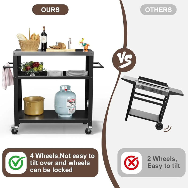 Outdoor Grill Cart with Three-Shelf, Stainless Steel Pizza Oven Table for Outside, Dining Kitchen Cart with Two Side Handle, Garden Patio BBQ Kitchen Food Prep Table Cart (Black) by GreenHaven Gardens