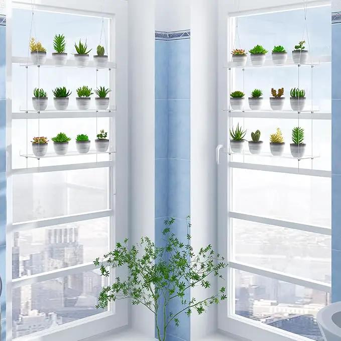 Clear Hanging Window Plant Shelves,2-Pack 3-Tier,Indoor Windows Wall Hanging Plant Stand Flower Display,Flower Pot Organizer Storage for Window Grow Herbs,Microgreens,Succulents,Flower,16-Inch by GreenHaven Gardens