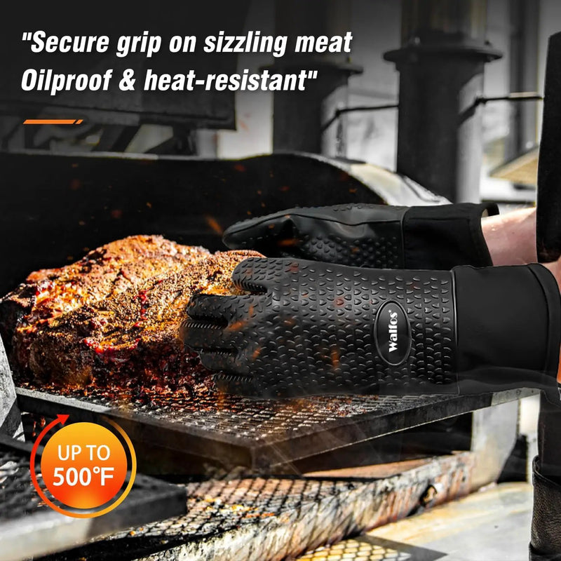 Walfos BBQ Gloves - 500°F Heat Resistant Grilling Gloves Set with Meat shredding Claws & Silicone Brush, Non-Slip Kitchen Silicone Oven Mitt, for Barbecue, Cooking, Baking, Cutting, Black by GreenHaven Gardens