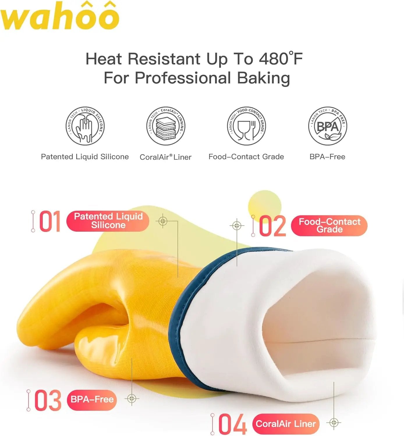 wahoo Professional Liquid Silicone Oven Mitts Gloves, Heat Resistant Gloves for Cooking, Baking, CoralAir Liner, 12 Inch, Yellow, Large by GreenHaven Gardens