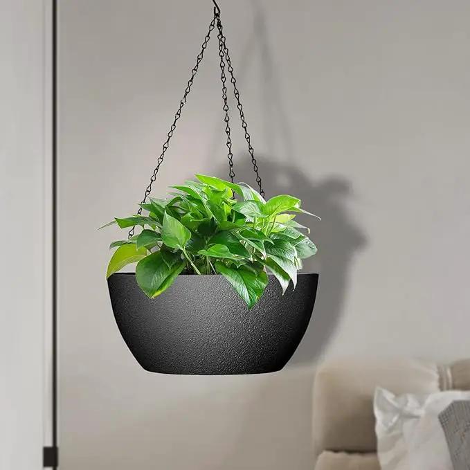 13 inch Large Hanging Planters Plant Pots for Outdoor Indoor Plants with Drainage Holes and Chain, 2 Pack Round Hanging Flower Pots for Garden Home Porch Decor, Black by GreenHaven Gardens