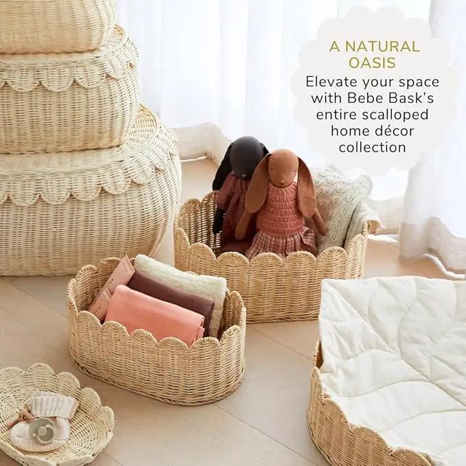 BEBE BASK Premium Scalloped Basket Set Of 2 - Scallop Basket - 16 x 10 x 7 Inch - Hand-Woven Elegant Wicker With Scalloped Edge - Nursery Storage (Natural) by GreenHaven Gardens