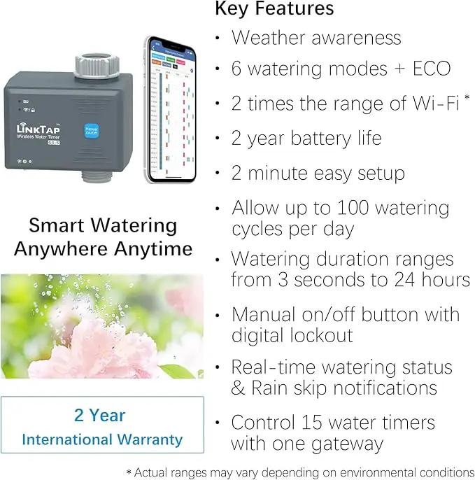 LinkTap G1S Wireless Water Timer (Requires Gateway), Smart Irrigation Hose Faucet Timer, Greater Range Than WiFi Sprinkler Timer, 2 Year Battery Life, Weather Aware, Alexa by GreenHaven Gardens