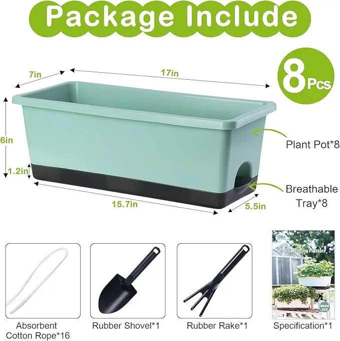 Window Box Planter 8 Pcs, 17 Inches Rectangle Flower Pots with Drainage Holes and Trays, Vegetable Planters for Windowsill Patio Garden Balcony Home Porch Yard Indoor Outdoor by GreenHaven Gardens
