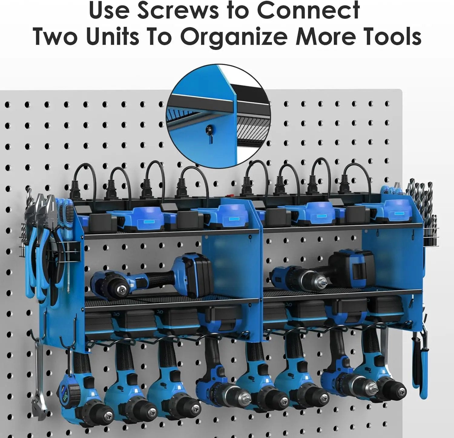 CCCEI Modular Power Tool Organizer Wall Mount with Charging Station. Garage 4 Drill Storage Shelf with Hooks, Screwdriver, Drill Bit Heavy Duty Rack, Tool Battery Holder Built in 8 Outlet Power Strip. by GreenHaven Gardens