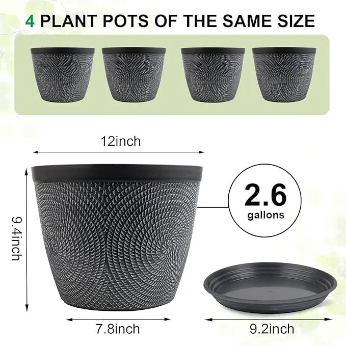 Quarut Large 12 Inch Plant Pot for Plants Outdoor Indoor, 4 Pack Plastic Flower Pots with Drainage Hole & Saucer, Modern Decorative Garden Pot with Saucer, Plant Container for House（Gray） by GreenHaven Gardens