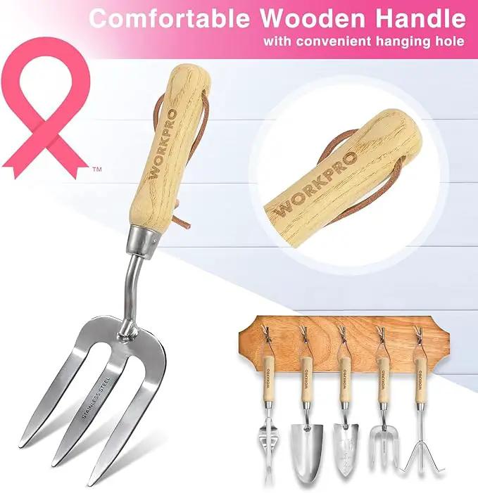 WORKPRO 8-Piece Pink Garden Tool Set, Stainless Steel Gardening Tools with Wood Handle, Including Garden Tote, Gloves, Trowel, Hand Weeder, Cultivator and More, Gardening Gifts For Women - Pink Ribbon by GreenHaven Gardens