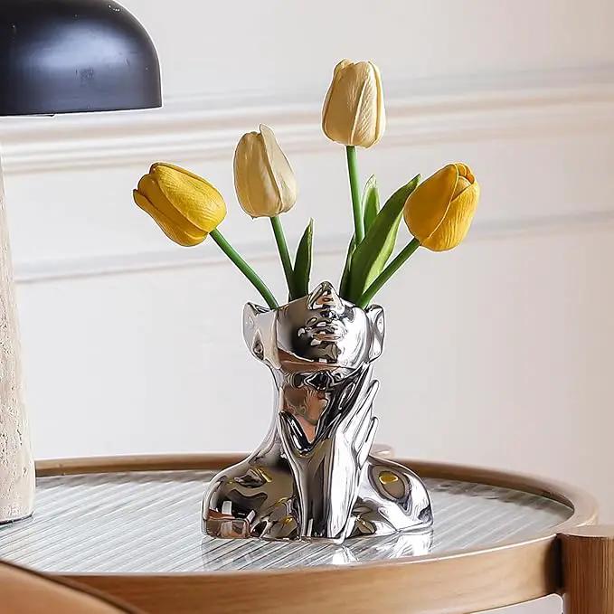 BrownLove Silver Ceramic Face Vase, Modern Silver Decorative Art Vase, Bookshelf Placed On The Desktop, Small Living Room, Office and Bedroom by GreenHaven Gardens