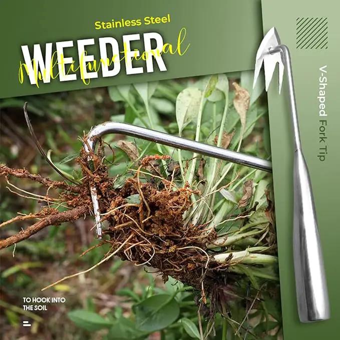 Stainless Steel Multifunctional Weeder, Hand Weeder Tool Stand Up Weed Puller Tool with Long Handle, V-Shaped Light Duty Hand Weeder for Lawn Garden Yard Farmland Weed Removal (Wood Handle 2PCS) by GreenHaven Gardens