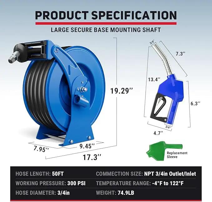 Fuel Hose Reel Retractable with Fueling Nozzle, 3/4" x 50" Heavy Duty Steel, 300PSI Industrial Auto Swivel, Spring Driven Diesel Hose Reel for Construction Farm Ship Vehicle Tank, Blue by GreenHaven Gardens