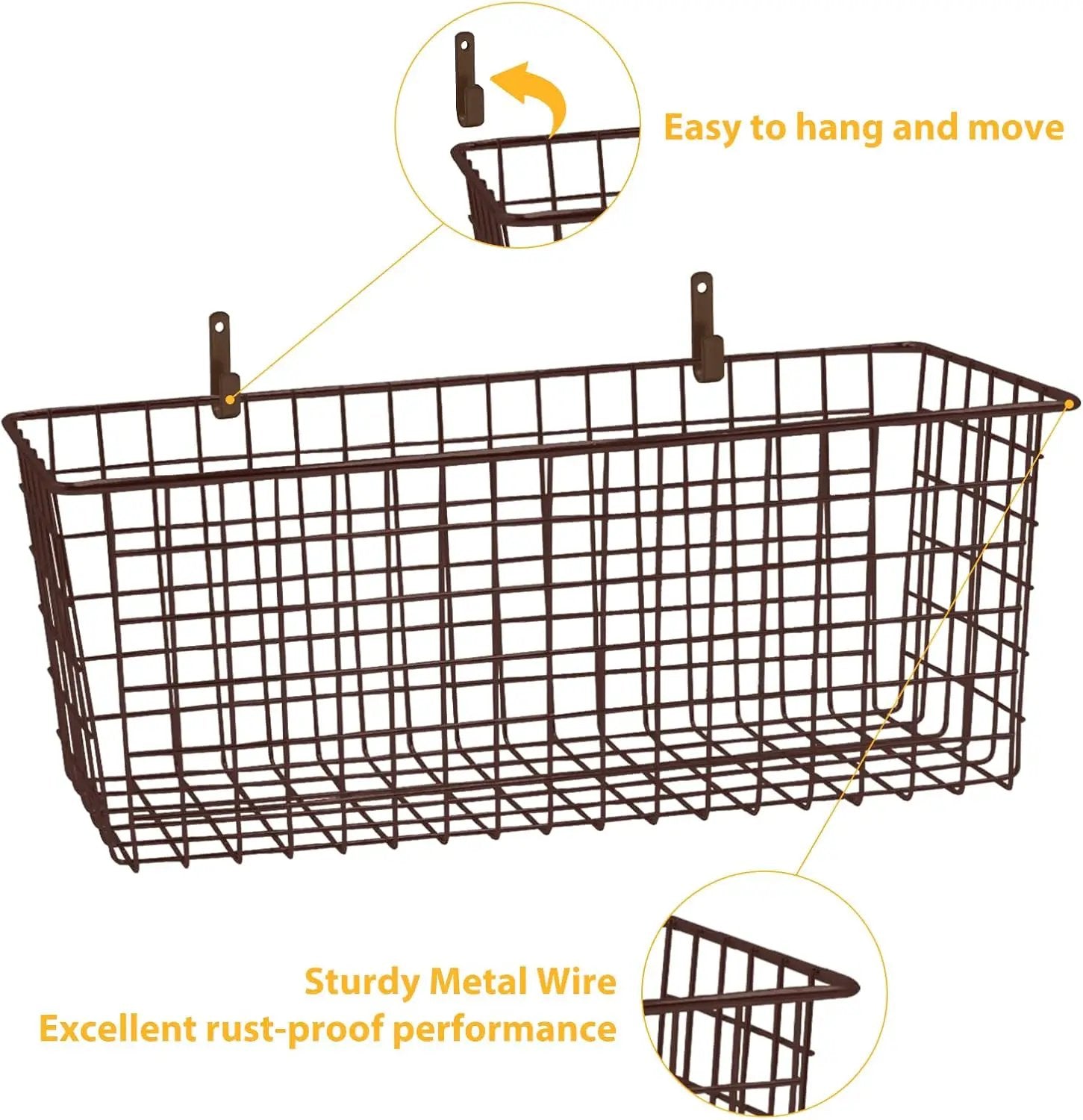 2 Sets Extra Large Hanging Wall Basket, Brown Metal Wire Baskets with Steel Hooks for Organizing, WallmountedFruit Vegetable Toy Snack Storage, Home Kitchen Bathroom Laundry Pantry Organizer by GreenHaven Gardens