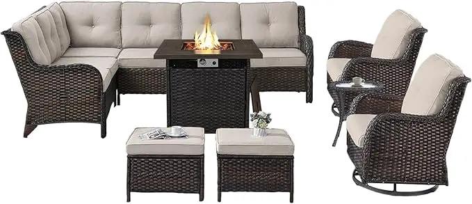 Outdoor Sectional Furniture Sofa Set with Propane Fire Pit Table, Wicker Patio Conversation Set with 2 Swivel Rocker Glider Chairs Beige Cushion Perfect for Backyard Casual Gathering by GreenHaven Gardens