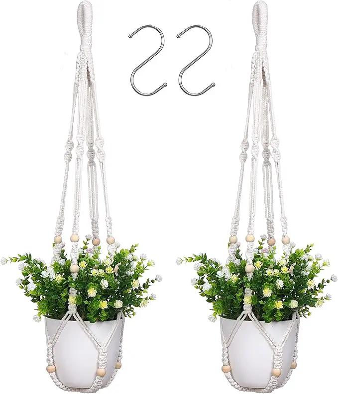 YIBOT 2 Pack Macrame Plant Hanger Indoor Hanging Planter Basket with Wood Beads Decorative Flower Pot Holder No Tassels for Indoor Outdoor Boho Home Decor-35 Inch by GreenHaven Gardens
