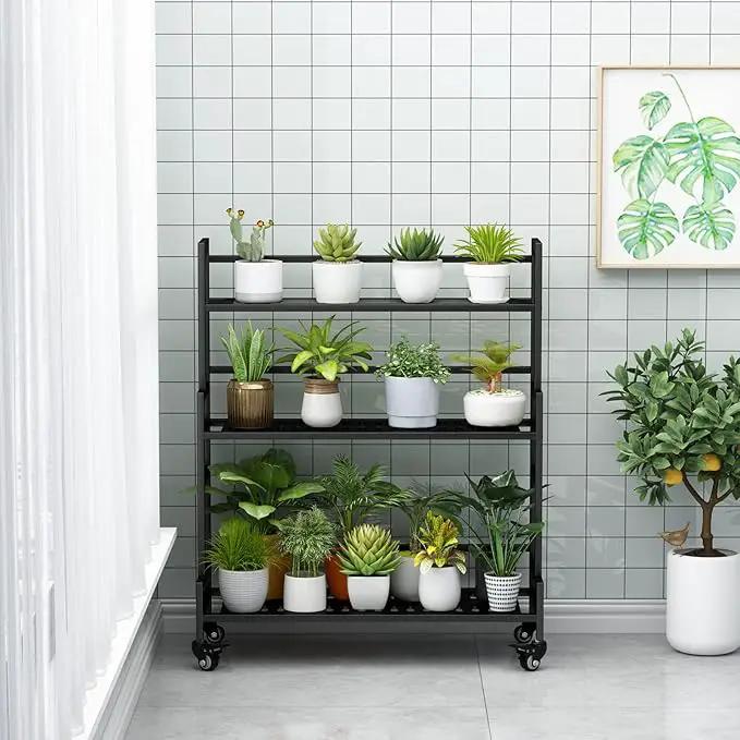 YIZAJIA Plant Stand Indoor 3 Tier Metal Outdoor Tiered Stands Shelf With wheel for Multiple Plants Potted Ladder Plant Holder Table Plant Pot Stand for Window Garden Balcony Living Room (3 Tier-Black) by GreenHaven Gardens