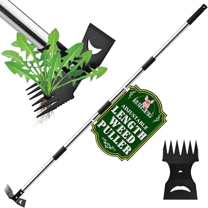Weed Puller Tool with Long Handle - 58" Manual Weeder Remover Tool, 2 in 1 Hand Weed Rake and Garden Hoe for Gardening, Heavy Duty Uprooting Weeding Pull for Yard, Lawn, Patio and Garden by GreenHaven Gardens