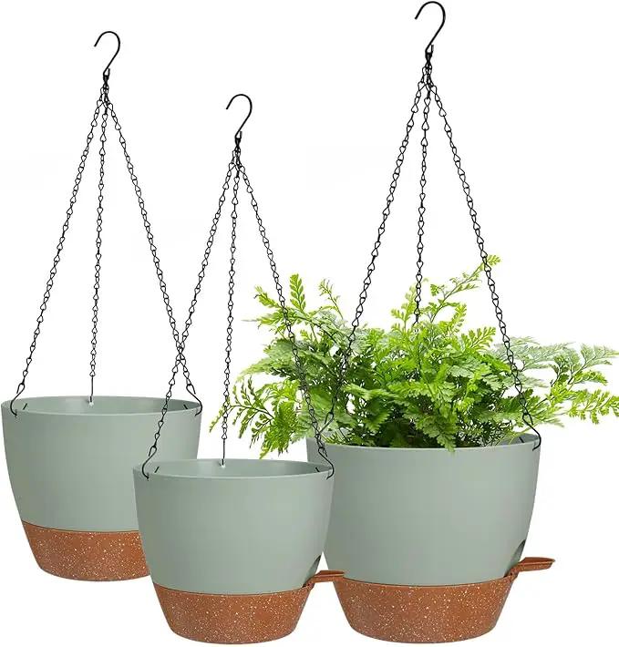 10/9/8 Inch Hanging Planter for Indoor Outdoor Plants, 3 Pack Self-Watering Hanging Pot with Drainage Holes Hanging Planter Baskets Plant Pots with Removable Tray (Green+Brown) by GreenHaven Gardens