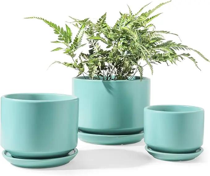 LE TAUCI Ceramic Plant Pots, 4.3+5.3+6.8 inch, Set of 3, Planters with Drainage Hole and Saucer, Indoor Flower Pot with Hole Mesh Pad, Gifts for Mom, Aqua by GreenHaven Gardens