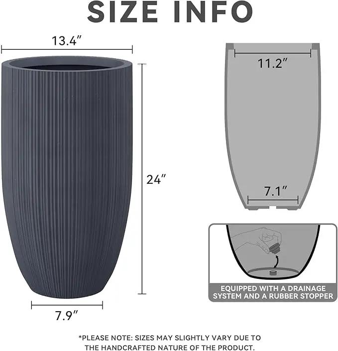Kante 24 Inch Tall Round Concrete Planter, Large Indoor Outdoor Plant Pots with Drainage Hole and Rubber Plug, Modern Decorative Garden Pots for Home Patio Porch, Textured Charcoal by GreenHaven Gardens