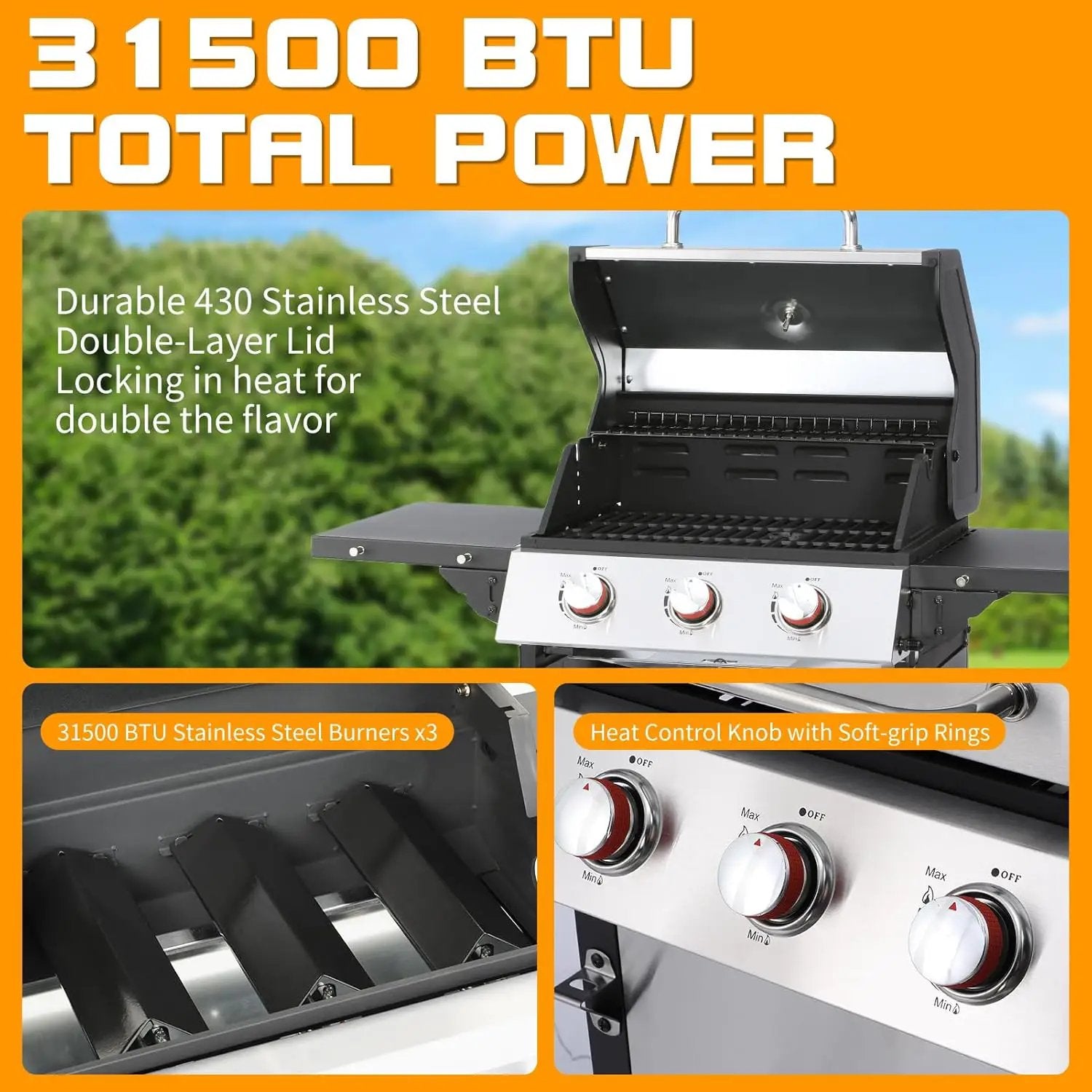 CIG GARDEN 3-Burner Propane Gas Grill,Outdoor Barbecue Grill with 2 Foldable Side Tables,Double-layer Stainless Steel Grill Lid with Cast Iron Grates,31500 BTU Output Perfect for Camping,BBQ Grill by GreenHaven Gardens
