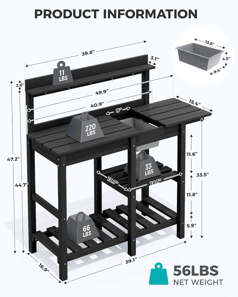 SERWALL Outdoor Potting Bench Potting Table with Sink, HDPE Potting Benches with Storage for Outside Gardening Table All Weather Use- Black by GreenHaven Gardens