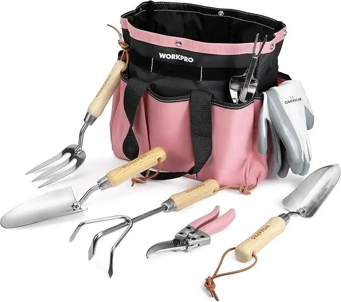 WORKPRO 8-Piece Pink Garden Tool Set, Stainless Steel Gardening Tools with Wood Handle, Including Garden Tote, Gloves, Trowel, Hand Weeder, Cultivator and More, Gardening Gifts For Women - Pink Ribbon by GreenHaven Gardens