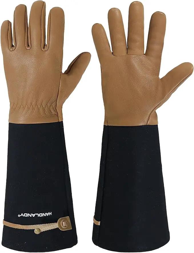 HANDLANDY Long Gardening Gloves for Men & Women, Cowhide Leather Rose Pruning Gloves, Breathable Thorn Proof Gauntlet Glove (Brown-Cowhide, S) by GreenHaven Gardens