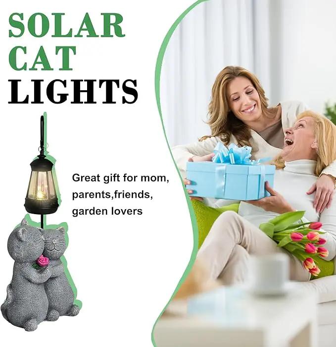 Cat Garden Statues with Solar Lantern Romantic Resin Kitty Couple Holding Rose Funny Cat Decor Gifts for Women Cats Figurines for Yard Lawn Porch Patio Decor by GreenHaven Gardens