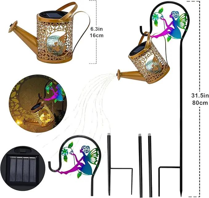 Solar Lights Garden Decorative, Solar Watering Can with Cascading Lights, Waterproof Metal Lantern with Fairy Shepherd Hook, Outdoor Decor for Yard, Patio, Lawn, and Pathway by GreenHaven Gardens