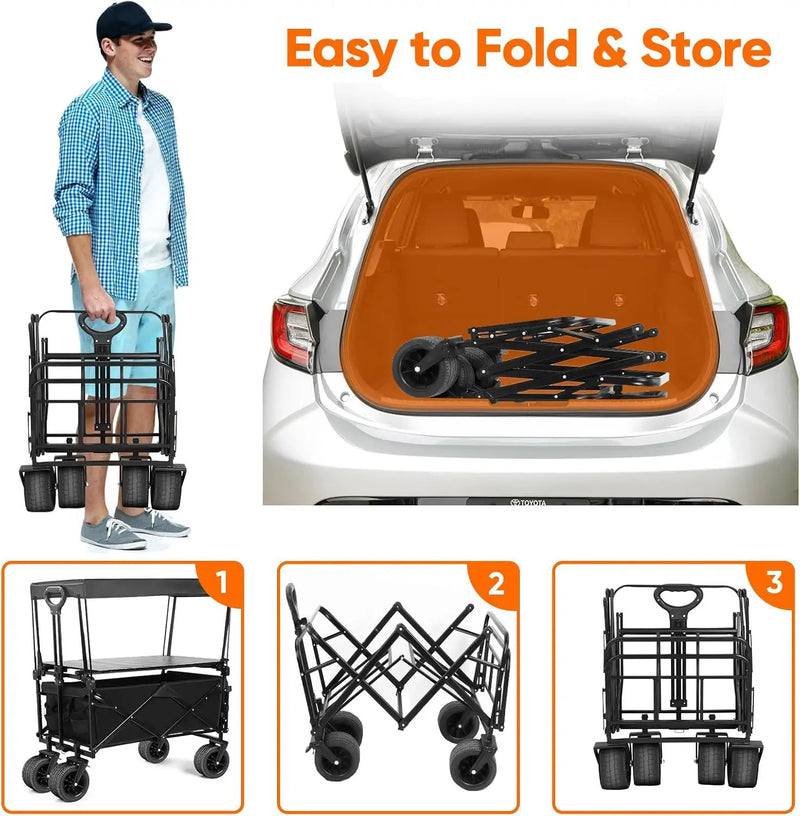 Collapsible Wagon with Table and Canopy, Large Capacity Wagons Carts, Beach Wagon with Big Wheels, Heavy Duty Beach Car Utility Wagon for Outdoor Park, Shopping, Sports, Camping, Garden by GreenHaven Gardens