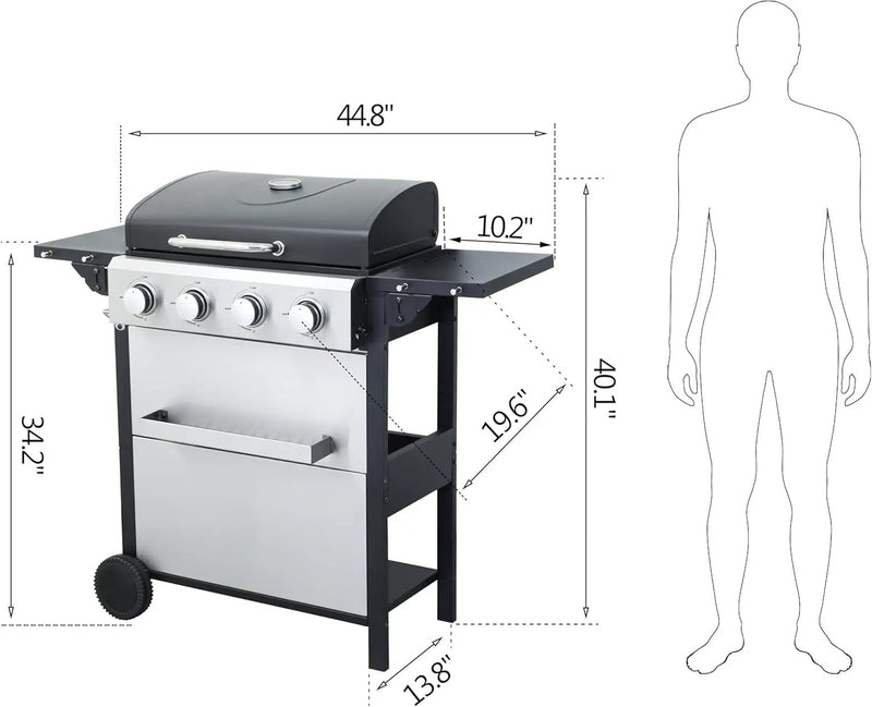 4-Burner Propane Gas Grill, 34,200 BTU Outdoor BBQ Grill with Stainless Steel Warming Rack & Enameled Cooking Grids – Foldable Side Tables, Built-in Thermometer, Hanging Basket – Heavy-Duty 6" Wheels by GreenHaven Gardens