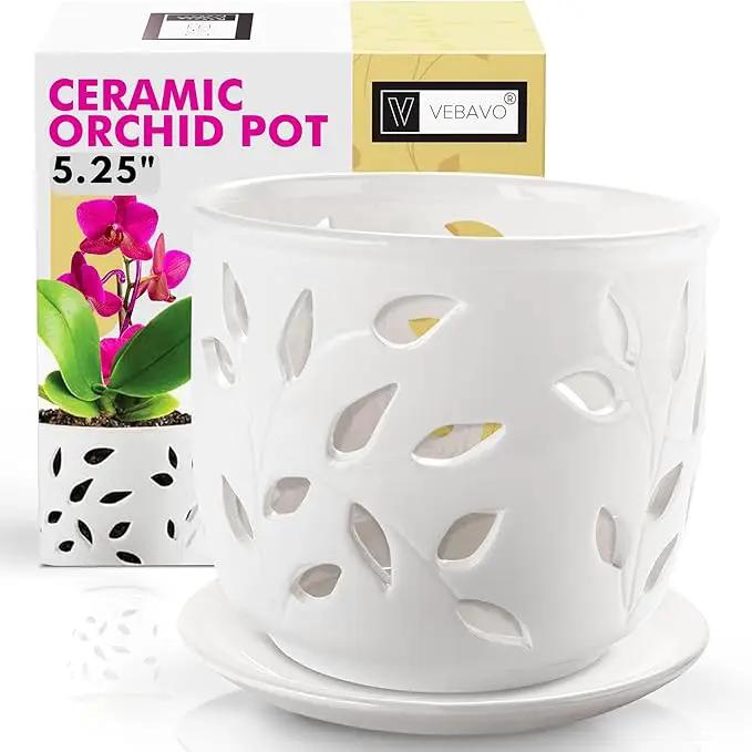 Orchid Pot with Holes & Saucer Ceramic 5.25 in. Indoor or Outdoor Large Pot for Orchid Care & Root Health with Precise Aeration & Drainage – Durable for Repotting or New Plants by GreenHaven Gardens