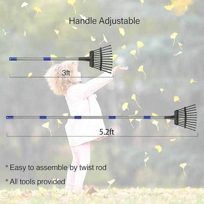 Leaf Rake for Leaves, 8" Wide Heavy Duty Metal Garden Rake 11 Tines, Adjustable Lawn Yard Shrub Kids Rake, 5.2ft by GreenHaven Gardens