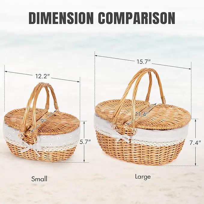 Happypicnic 12" Picnic Basket - Small Wicker Basket with Foldable Handle Lid & Removable Liner | Cute Picnic Basket Toy Empty for Kids, Gift, Halloween, Christmas, Valentines, Easter, Birthday, Flower by GreenHaven Gardens