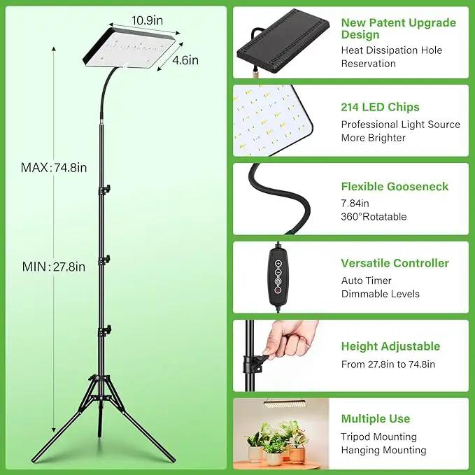2024 LBW Grow Lights for Indoor Plants Full Spectrum with Stand,214 LEDs Standing Plant Lights for Indoor Growing,Floor Grow Plant Lamp with 4/8/12H Timer,6 Brightness Levels,75" Adjustable Tripod by GreenHaven Gardens