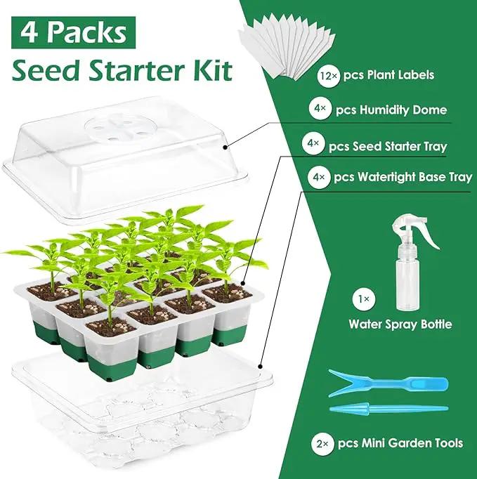 Reusable Seed Starter Tray, 4 Pack Silicone Seed Starter Kit for Starting Plant Seeds with Humidity Adjustable Dome and Lid, Indoor Seed Starting Supplies with Water Spray Bottle for Plants, BPA-Free by GreenHaven Gardens