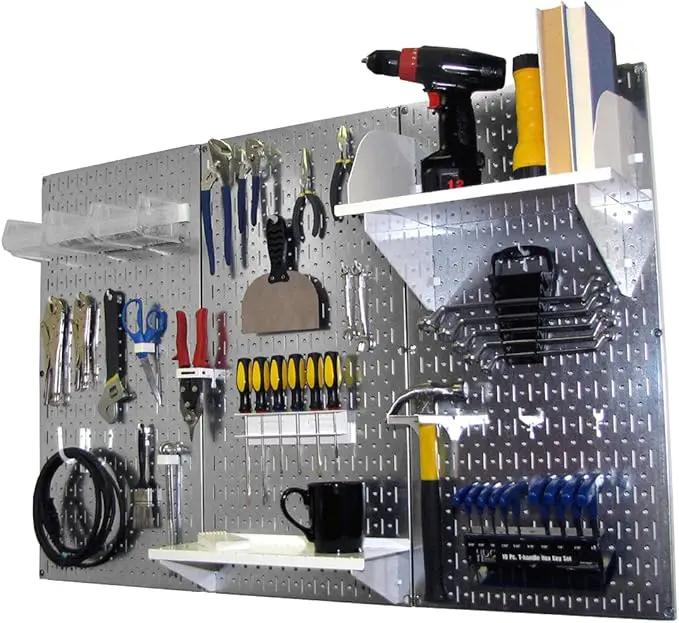 Wall Control Pegboard Organizer 4 ft. Metal Pegboard Standard Tool Storage Kit with Galvanized Toolboard and White Accessories by GreenHaven Gardens